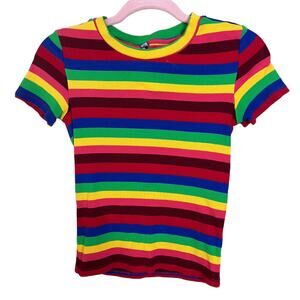 Design Lab Lord & Taylor bright rainbow knit shirt small